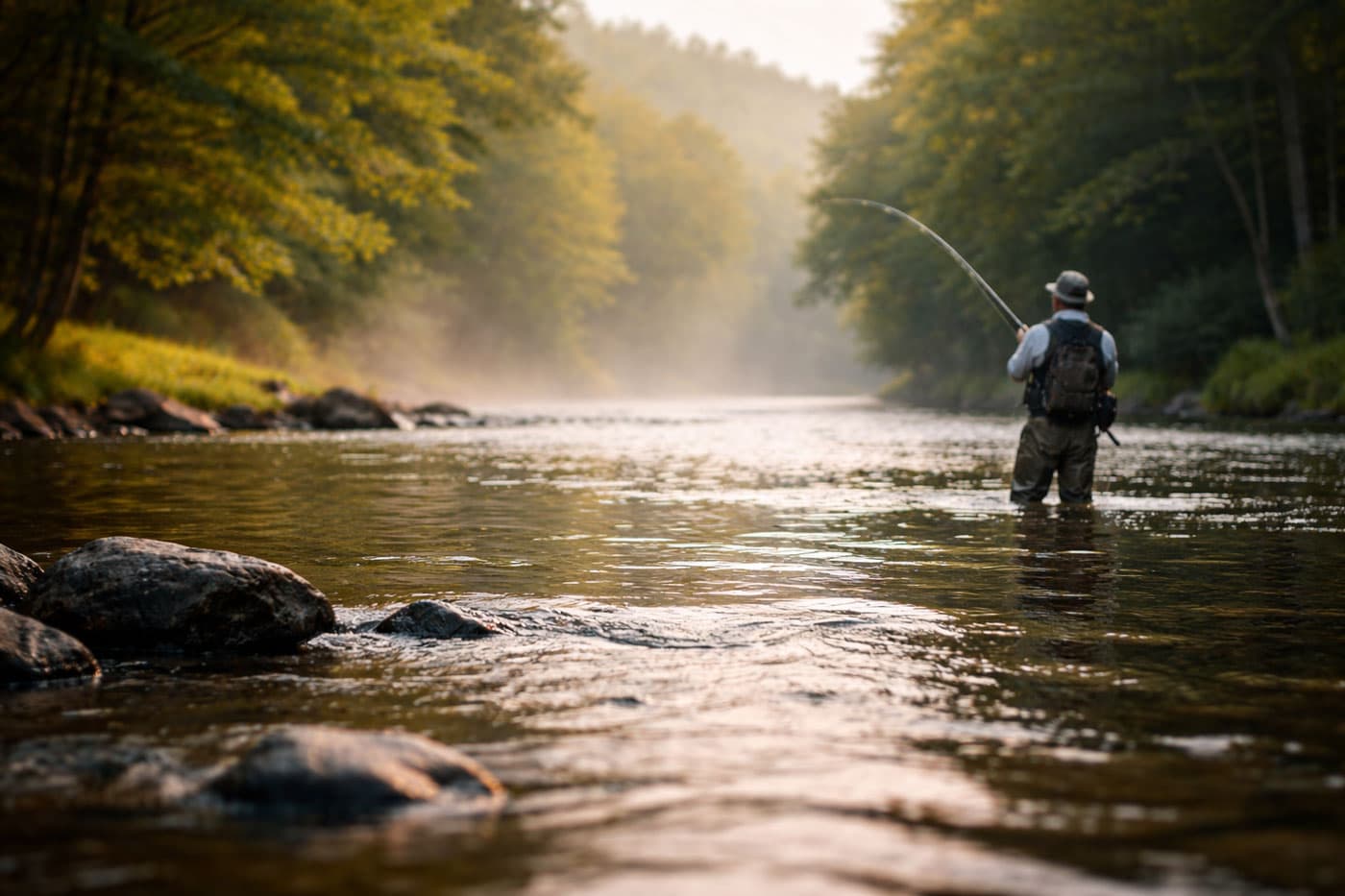 Angler casting in a misty mountain river at dawn